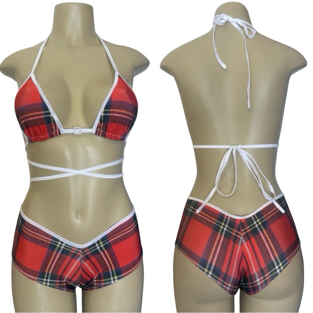Red Plaid Bikini with Skirt Overlay